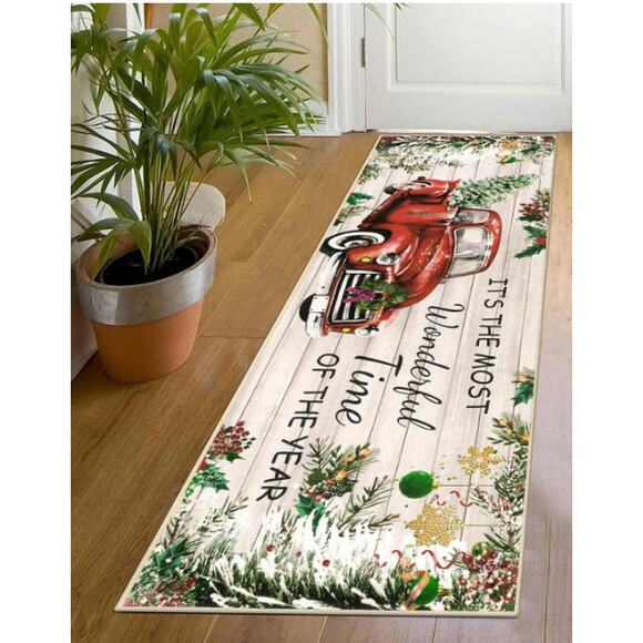 Christmas Tree Truck Runner Rug 2x6 Non Slip Farmhouse Washable - Picture 7 of 8
